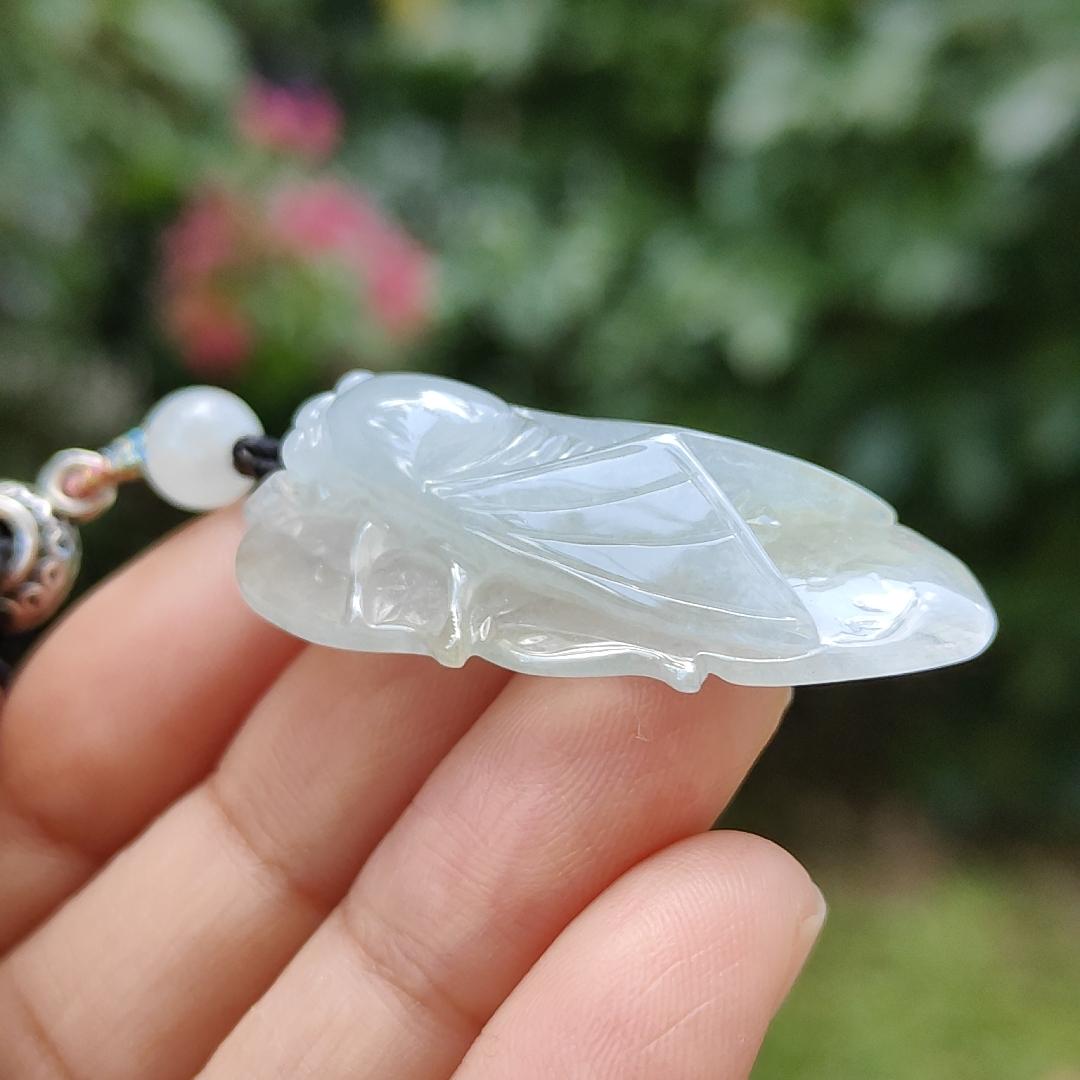Crafted as cicada using Natural Type A Jadeite Jade as a Pendant Necklace with certificate weigh 9.25 grams, measurement 40.3 * 23.2 * 9.5 mm (pendant185) Yi Pin Qian