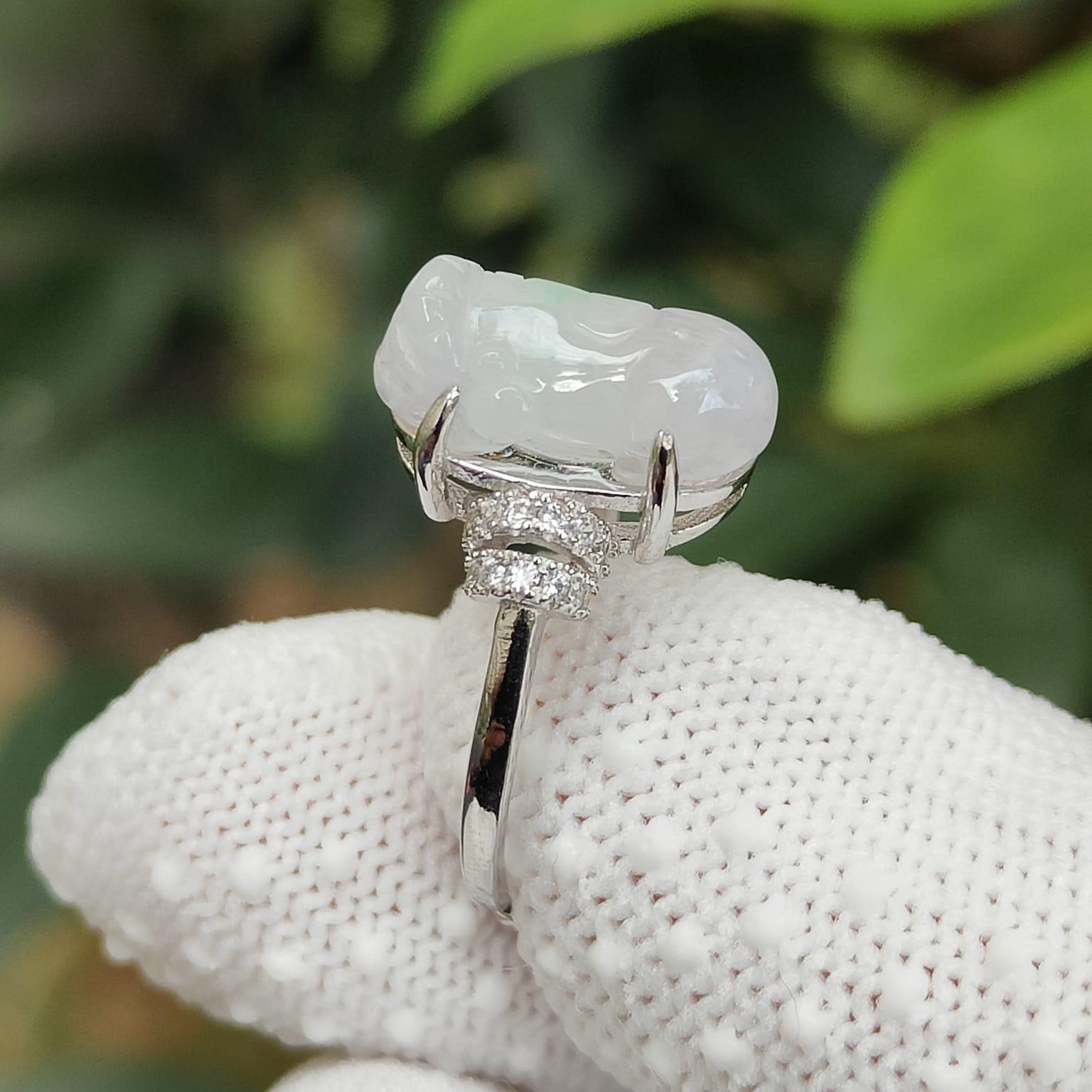 Crafted as Pixiu on Lavender with Green Natural Type A Jadeite Jade set on S925 as adjustable Ring certificate weighs 2.65 grams, measurement 14 * 6.7 * 5.4 mm (s925ring28) Yi Pin Qian Jadeites Jade Jewelry ~Your Precious Quintessential ~ Singapore