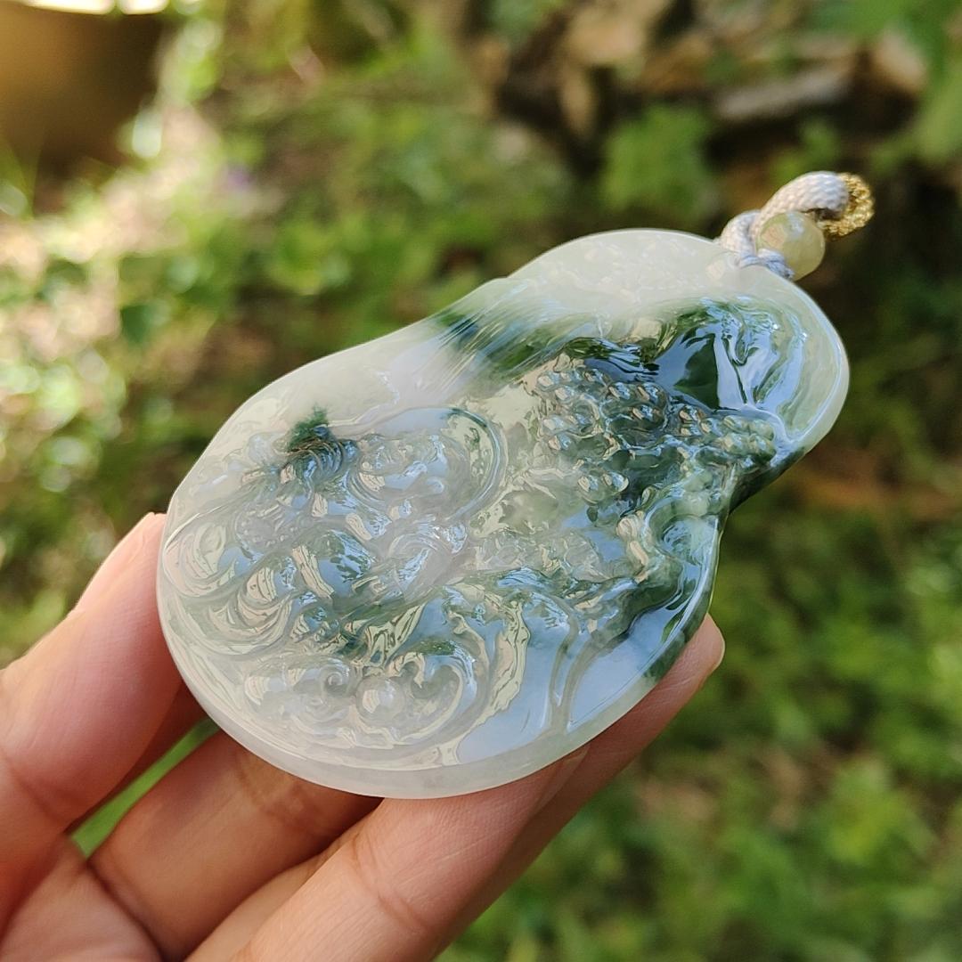 Premium Rare Semi Icy Natural Type A Jadeite crafted with Scenery and Laughing Buddha, certificate included weigh 51.59 grams, 71.8 * 53.1 * 7.5 mm, collector item, (pendant51), Yi Pin Qian