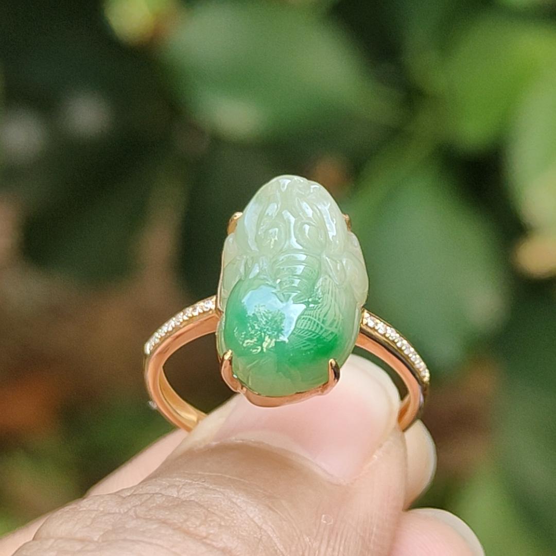 Local SG Seller - Very Beautiful 18k Gold Ring set with High Quality Natural Jadeite Jade crafted as Pixiu certificate weighs 2.82 grams, measurement 14.6 * 9.3 * 6.1 mm (18kring33) Yi Pin Qian Jadeites Jade Jewelry ~Your Precious Quintessential ~ Singapore
