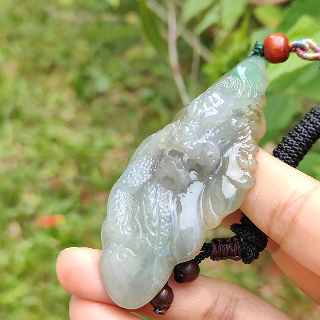 Super Rare Hugh Green and Yellow Natural Type A Jadeite Pendant Necklace Crafted with a Domineering Dragon symbols of Rise step by step, rise rapidly, with certificate weigh 44.19 grams, 77.2 * 37.5 * 15.8 mm (pendant25) Yi Pin Qian