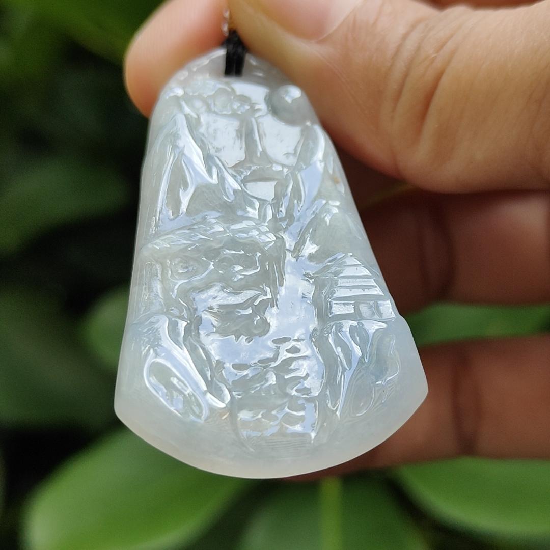 Latest Added SG Seller - Crafted as Scenery on Natural Type A Jadeite Jade, White with Light Green Hue as Pendant, certificate weighs 11.07 grams, measurement 48.3 * 27.9 * 4.8 mm (pendant331) Yi Pin Qian Jadeites Jade Jewelry ~Your Precious Quintessential ~ Singapore