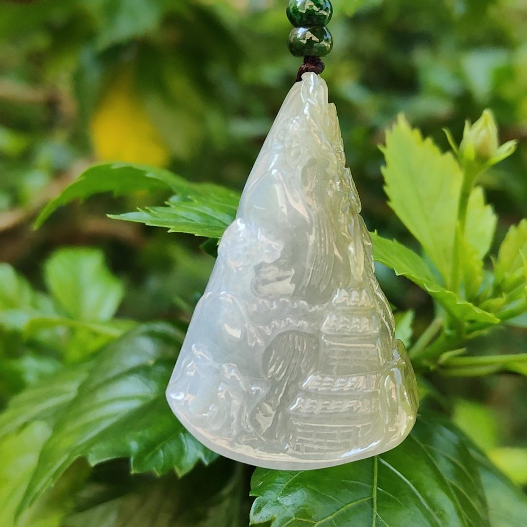 Very Unique and Rare Light Purple with Yellow Natural Type A Jadeite Pendant Crafted with waterfall, moutain, houses and coconut trees, symbols of money, power of life, Extend upwards with certificate weigh 31.55 grams, 49 * 32.3 * 13.5 mm, (pendant70) Yi Pin Qian