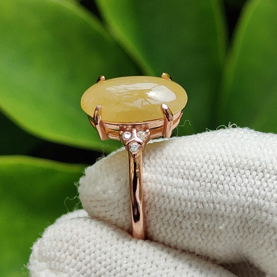 Yellow Cabochon Natural Type A Jadeite-Jade crafted as shape of oval set with size adjustable S925 Ring, certificate weighs 2.53 grams, measurement 13.3 * 9 * 3.2 mm (s925ring19) Yi Pin Qian Jadeites Jade Jewelry ~Your Precious Quintessential ~ Singapore