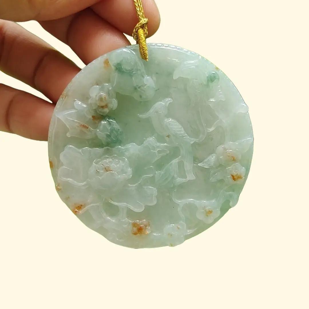 Crafted with Flowers and Birds on Light Green Hue with Green and Golden Yellow Patches Natural Type A Jadeite Jade as Pendant, certificate weighs 39.24 grams, measurement 56.3 * 56.3 * 7.2 mm (pendant307) Yi Pin Qian Jadeites Jade Jewelry ~Your Precious Quintessential ~ Singapore