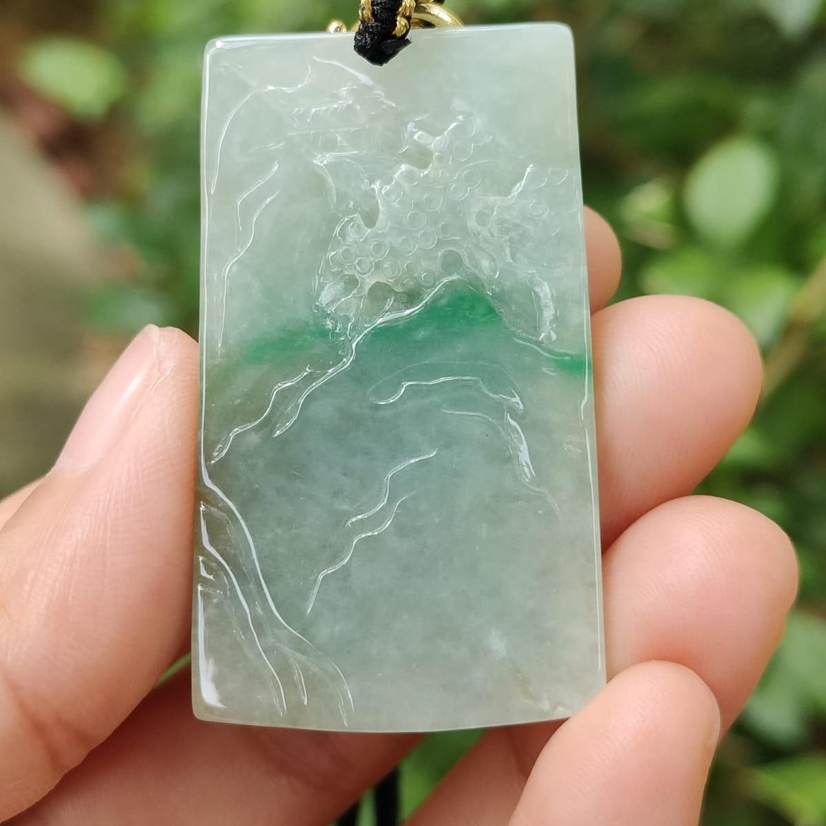Latest arrival SG Local Seller crafted as sceneries Pendant Light green Hue, Green and white Natural Type A Jadeite Jade, certificate weighs 21.24 grams, measurement 47 * 26.9 * 7.5 mm (pendant353) Yi Pin Qian Jadeites Jade Jewelry ~Your Precious Quintessential ~ Singapore