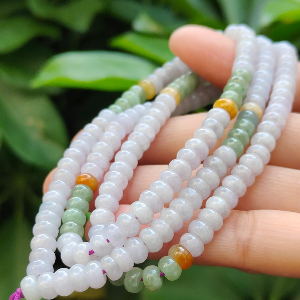 Crafted as 179 * 5.8 mm beads on Light Lavender, Yellow, Green and White Natural Type A Jadeite Jade as bracelet, certificate weighs 42.43 grams (bracelet31) Yi Pin Qian Jadeites Jade Jewelry ~Your Precious Quintessential ~ Singapore