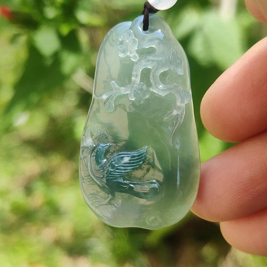 High Premium Quality Icy Green Natural Type A Jadeite Jade Pendant Necklace crafted with bird, flower and tree trunk, certificate included weigh 11.70 grams, measurement 40 * 23 * 6.3 mm (pendant187) Yi Pin Qian