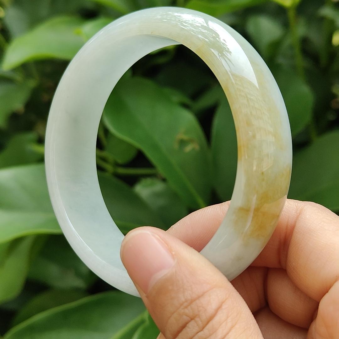 Beautiful Crafted as 59mm Peace Bangle with Light Green Hue, Brownish Yellow Type-A Natural Jadeite-Jade certificate weighs 77.9 grams, Width: 17.6 * Thickness 8 mm (bangle12) Yi Pin Qian Jadeites Jade Jewelry ~Your Precious Quintessential ~ Singapore