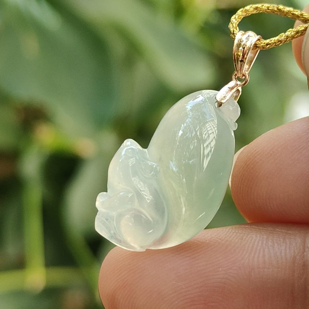 A Premium Quality Collection - Squirrel Pendant Natural Type A Jadeite Jade added 18k Clasp, certificate weighs 2.18 grams, measurement 21 * 12.9 * 6 mm (18kp97) Yi Pin Qian Jadeites Jade Jewelry ~Your Precious Quintessential ~ Singapore