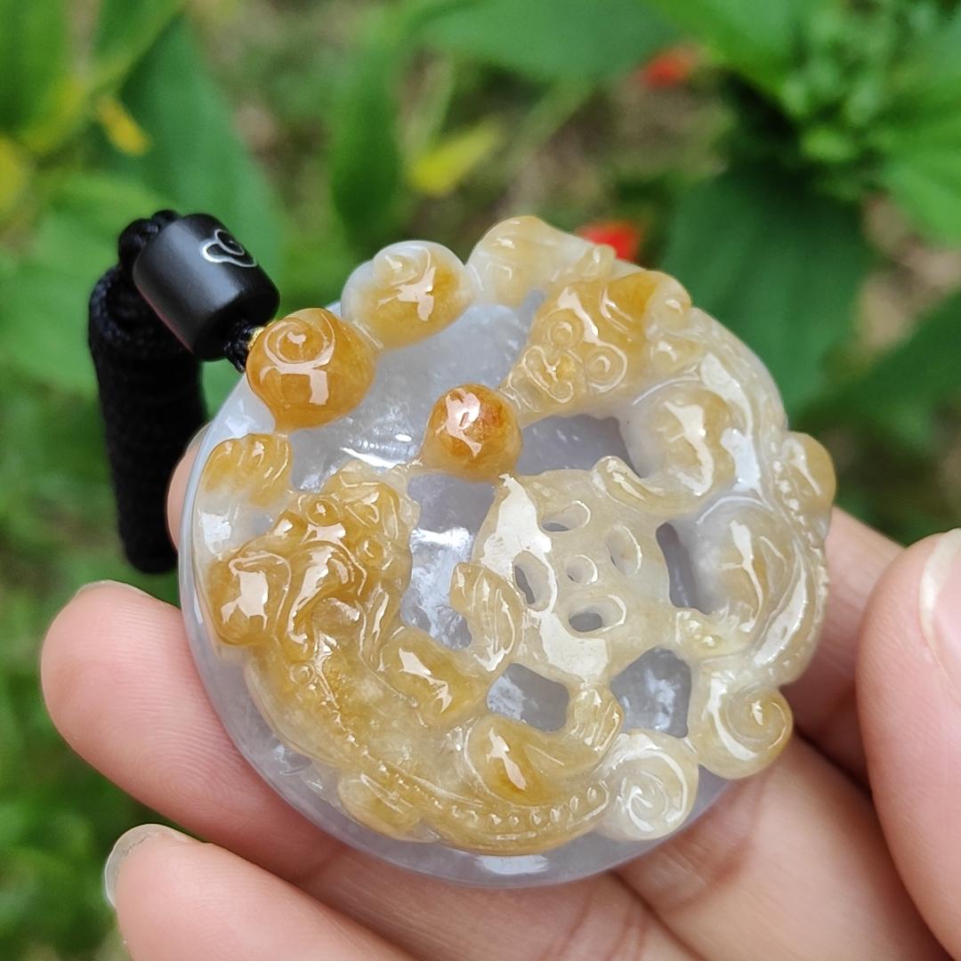 Yellow and Purple with some spreads of red patches Natural Type A Jadeite Pendant Necklace crafted with double pixiu, coin and bat boosting your luck, money and blessing, certificate included weigh 41.87 grams, 45 * 44.9 * 13 mm Yi Pin Qian