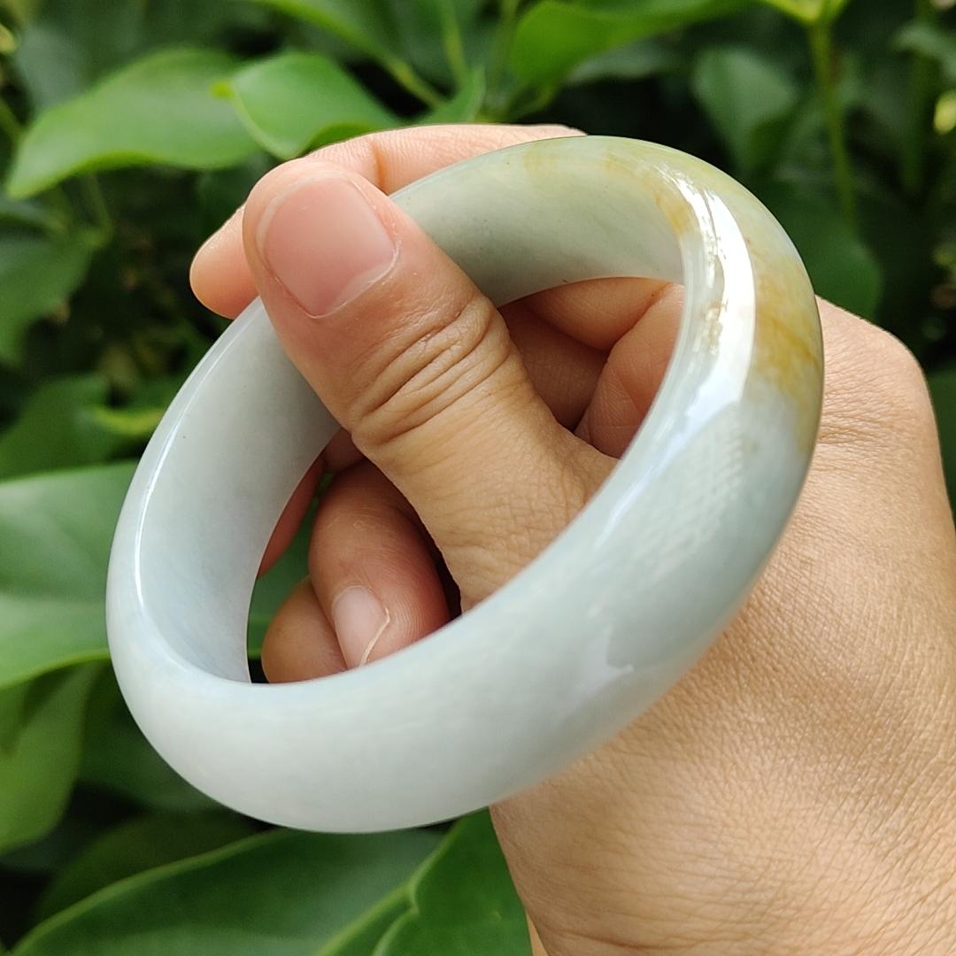 Beautiful Crafted as 59mm Peace Bangle with Light Green Hue, Brownish Yellow Type-A Natural Jadeite-Jade certificate weighs 77.9 grams, Width: 17.6 * Thickness 8 mm (bangle12) Yi Pin Qian Jadeites Jade Jewelry ~Your Precious Quintessential ~ Singapore