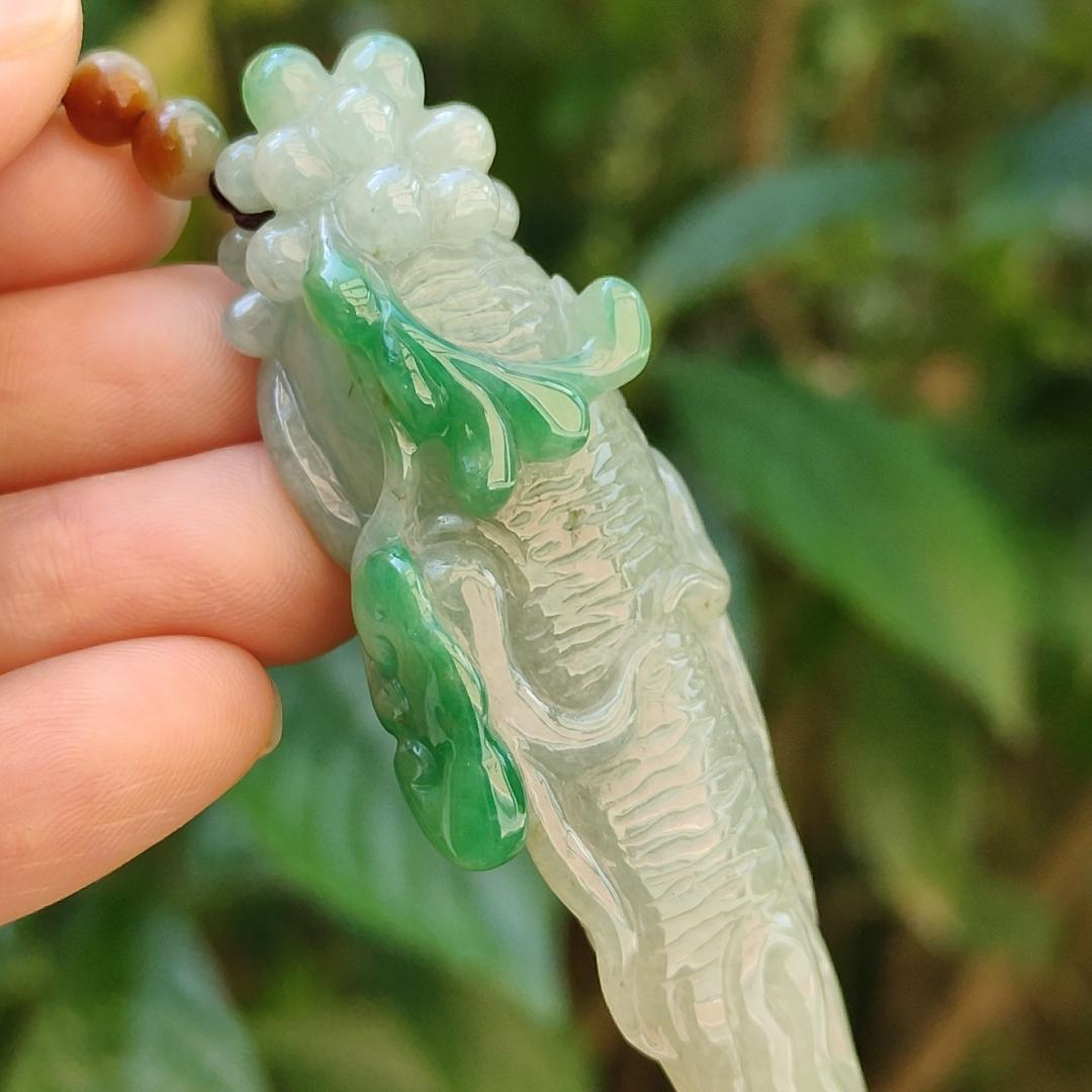 With Green and Light Green Ginseng Ruyi Natural Type A Jadeite pendant come with certificate weight 40.59 grams, 72.30 * 24.80 * 20 mm meaning Auspicious, representing good luck, happiness, joy, and wealth boosting you wearing it (pendant97) Yi Pin Qian