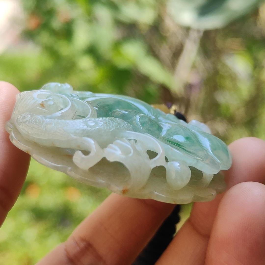 Rare Quality Yellow and Green Natural Type A Jadeite Jade beautifully crafted with frog and lotus old school hollow style, certificate weigh 27.08 grams, measurement 41.6 * 48 * 11 mm (pendant209) Yi Pin Qian