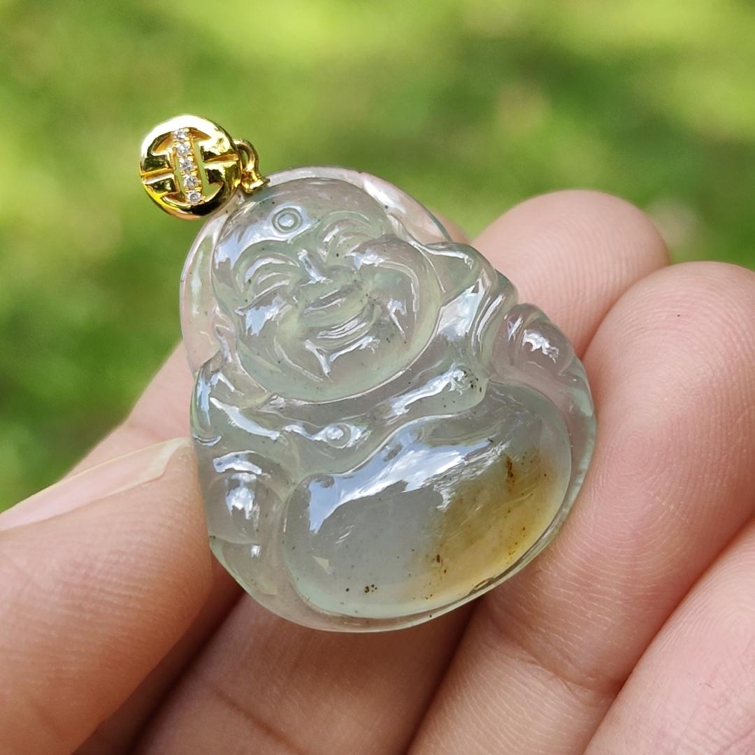 Rare Old Pit Icy Translucent with Yellow and Light Green Hue Collectible Natural Type A Jadeite Jade crafted as Milo Buddha added with 18k Gold Clasp as Pendant, certificate weighs 6.09 grams, measurement 26.8 * 23.2 * 6 mm (18kp63) Yi Pin Qian Jadeites Jade Jewelry ~Your Precious Quintessential ~ Singapore