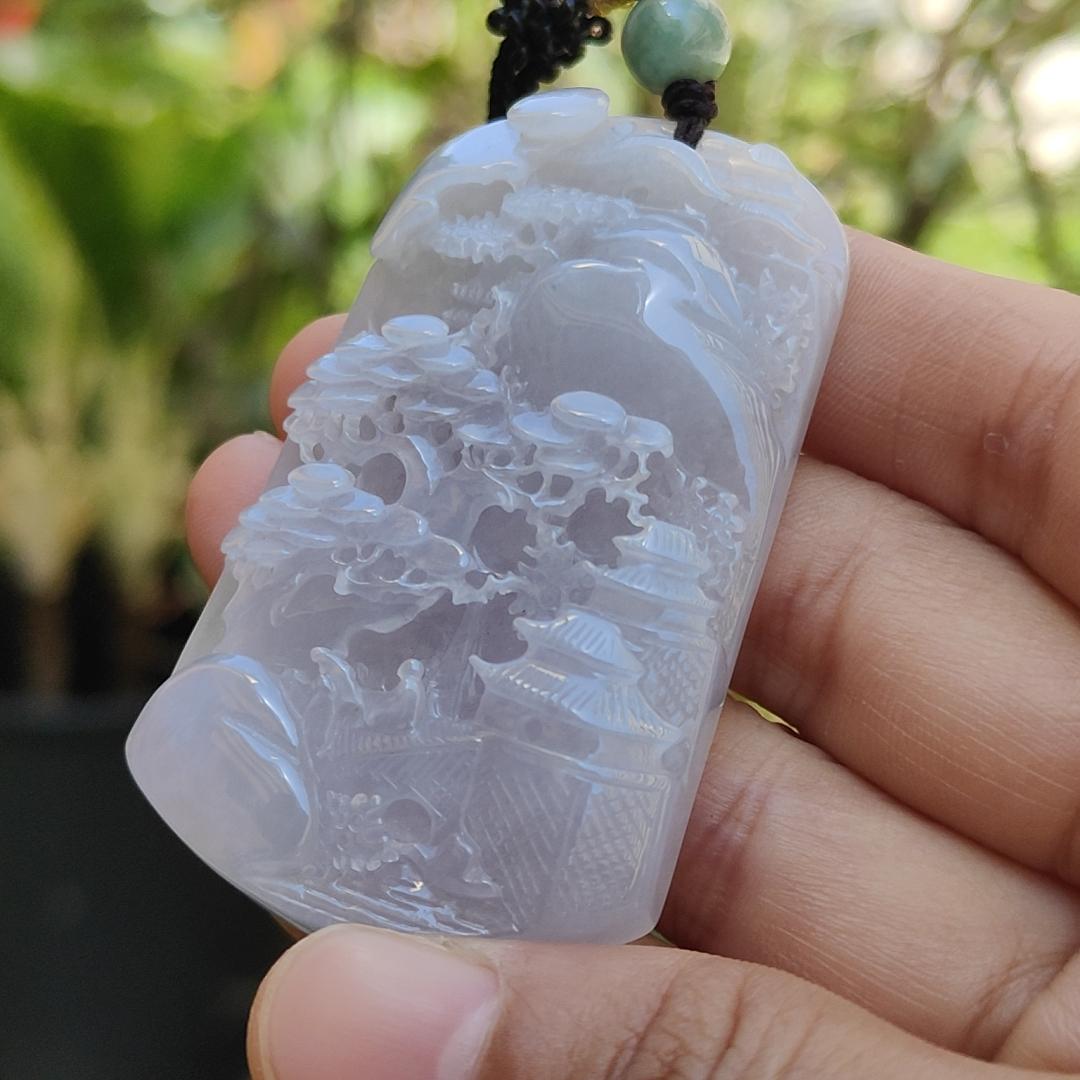 Light Lavender with red patches Natural Type A Jadeite Pendant Necklace crafted with fengshui scenery, certificate included weigh 44.44 grams, 60.8 * 36 * 9.8 mm (pendant104) Yi Pin Qian