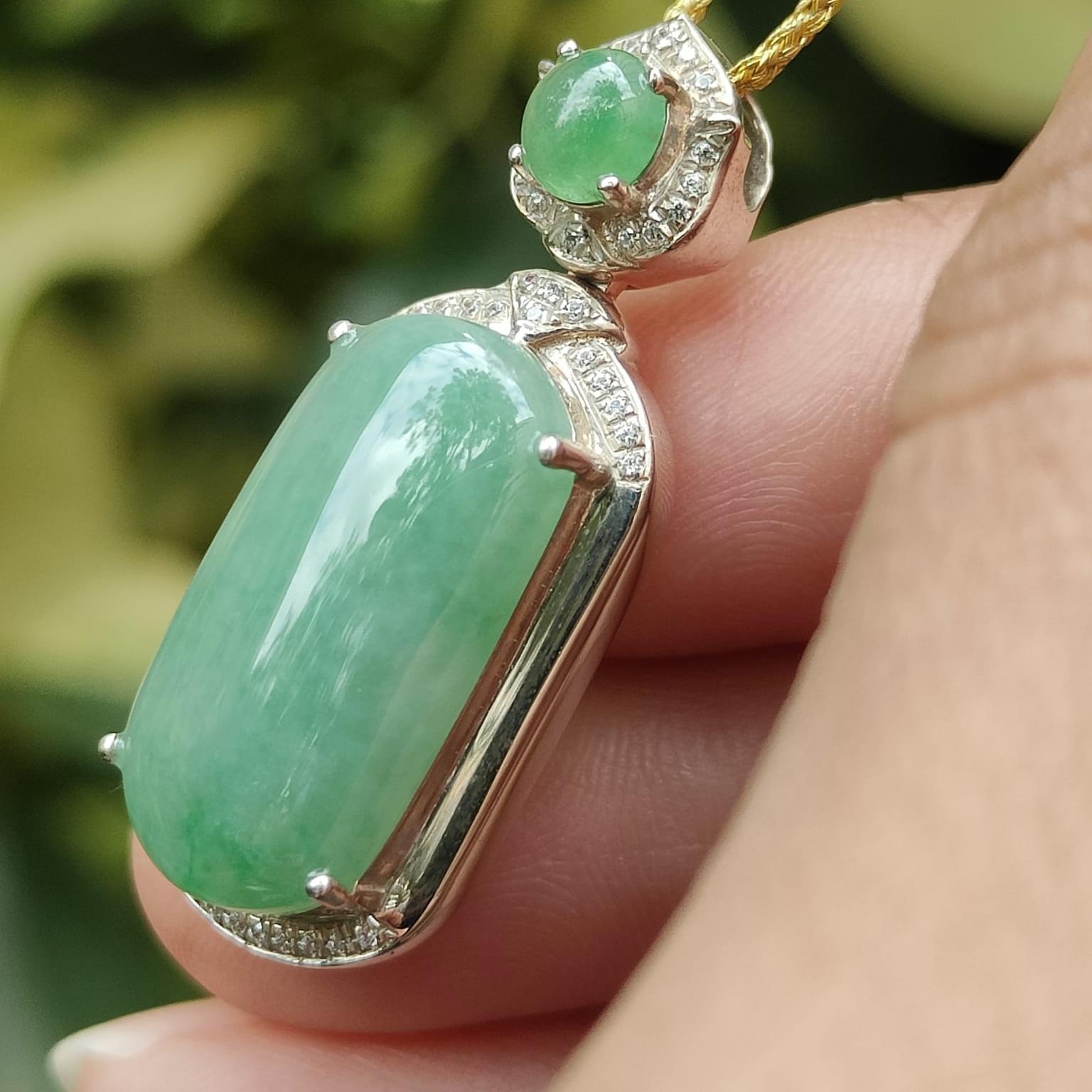 High Quality Rare Green Cabochons on Natural Type A Jadeite Jade set with S925 as Pendant, certificate weighs 5.44 grams, measurement 34.2 * 13.3 * 9.1 mm (s925p4) Yi Pin Qian Jadeites Jade Jewelry ~Your Precious Quintessential ~ Singapore