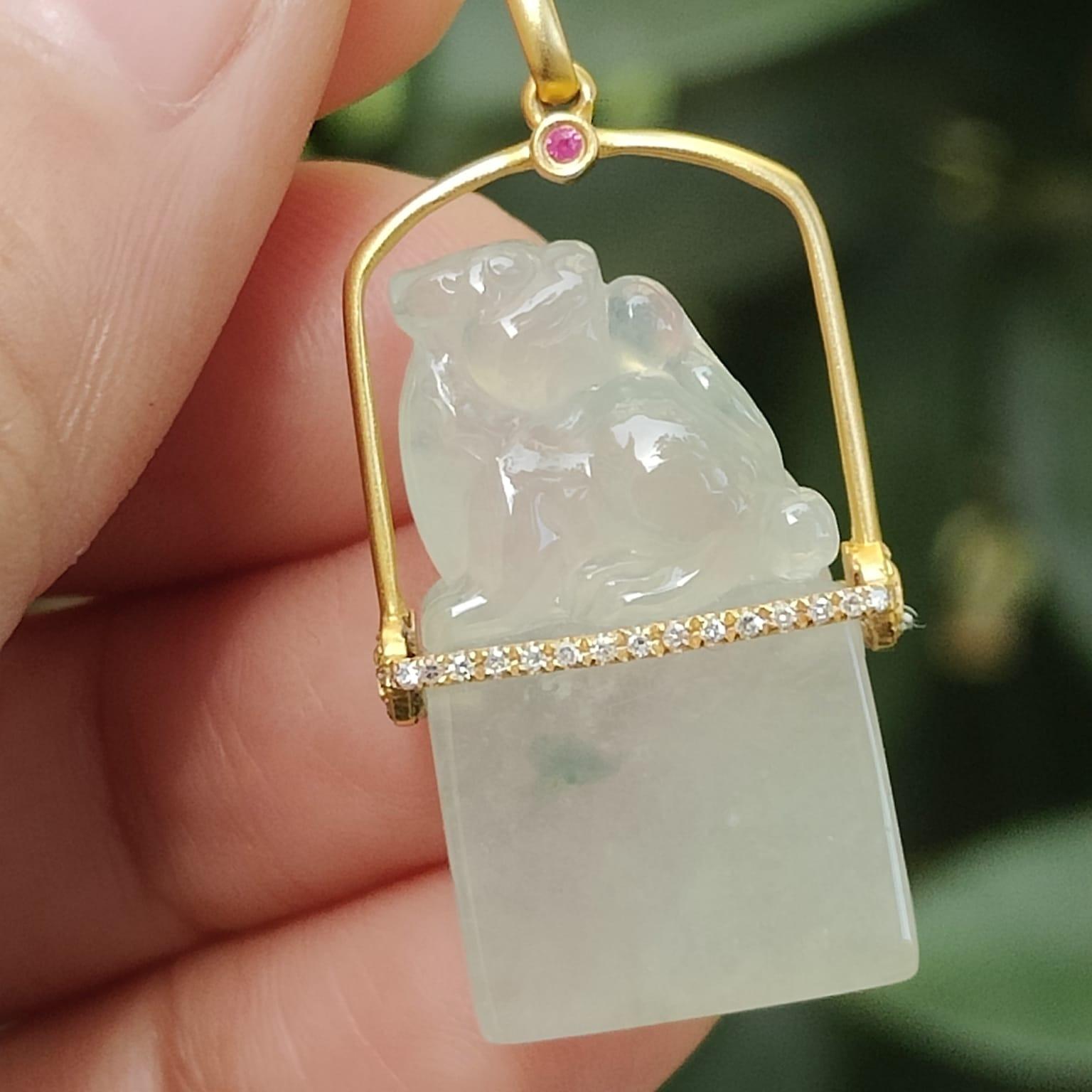 Beautifully Crafted Pixiu Stamp Pendant on Icy Translucent Natural Type A Jadeite Jade set with 18k certificate weighs 6.95 grams, measurement 33.9 * 16.6 * 8.5 mm (18kp100) Yi Pin Qian Jadeites Jade Jewelry ~Your Precious Quintessential ~ Singapore