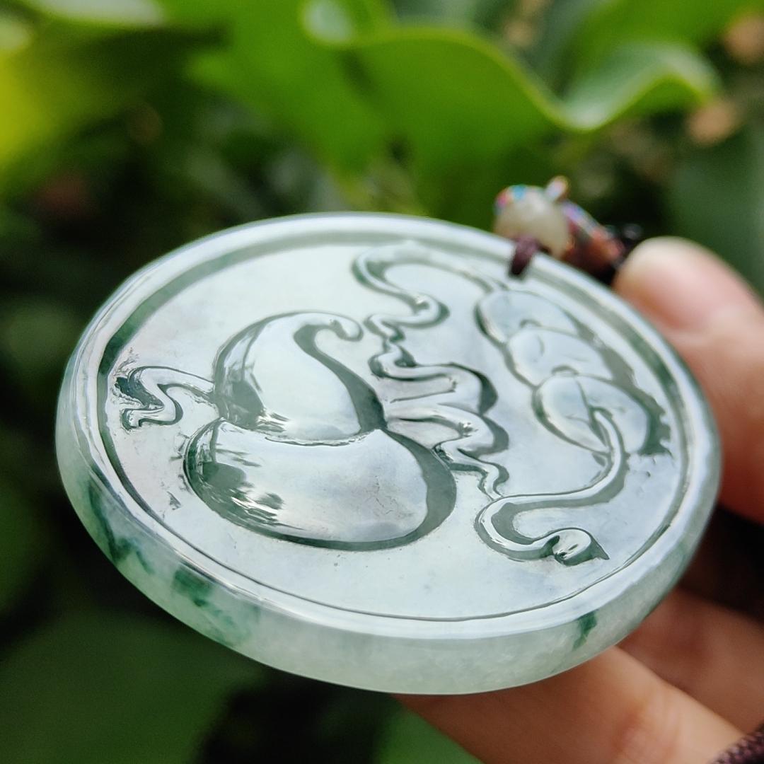 A High-Quality Type-A Natural Jadeite-Jade crafted with Pixiu, Coins, Gourd as Pendant with certificate weighs 36.46 grams, measurement 53.9 * 46.2 * 7.5 mm (pendant300) Yi Pin Qian Jadeites Jade Jewelry ~Your Precious Quintessential ~ Singapore