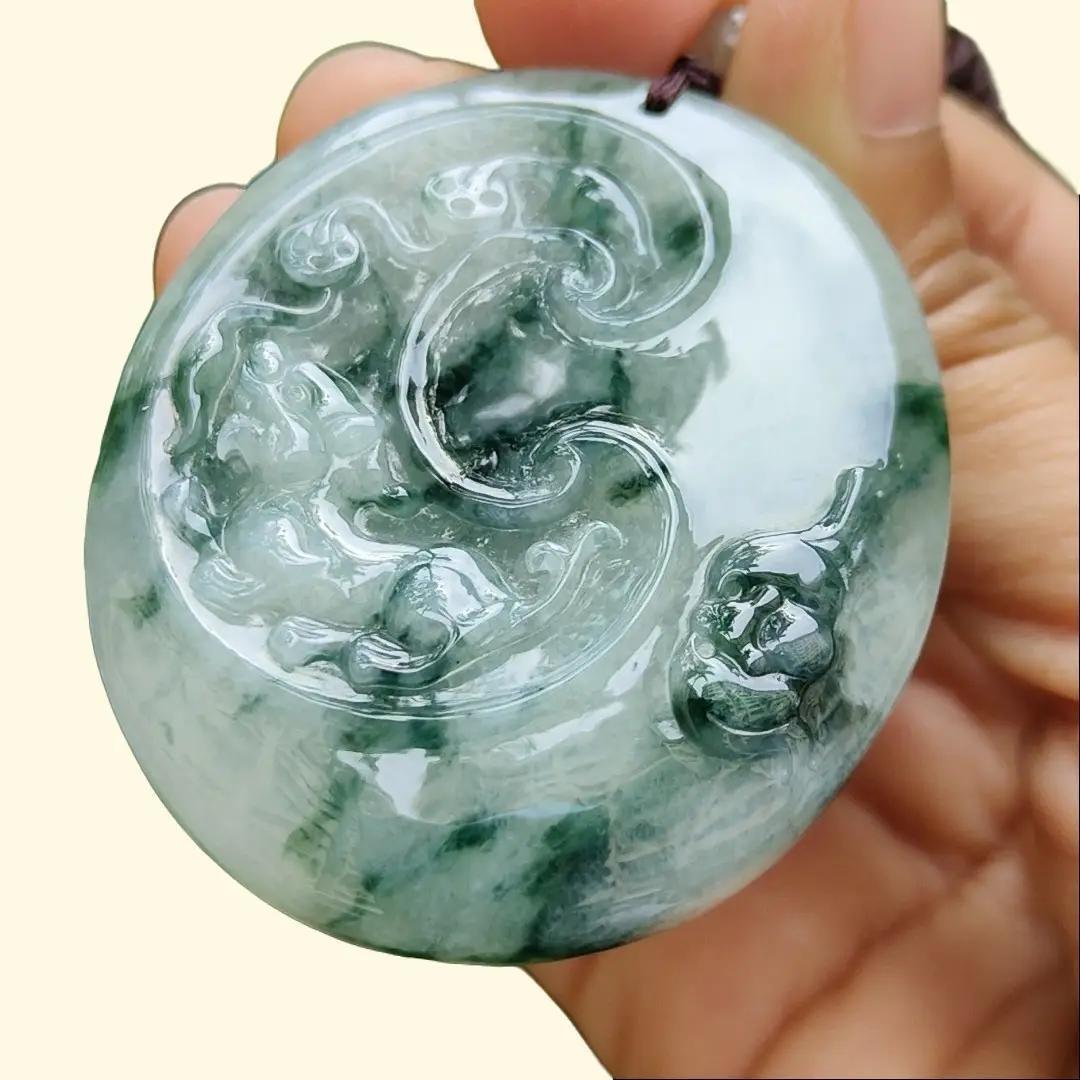 A High-Quality Type-A Natural Jadeite-Jade crafted with Pixiu, Coins, Gourd as Pendant with certificate weighs 36.46 grams, measurement 53.9 * 46.2 * 7.5 mm (pendant300) Yi Pin Qian Jadeites Jade Jewelry ~Your Precious Quintessential ~ Singapore