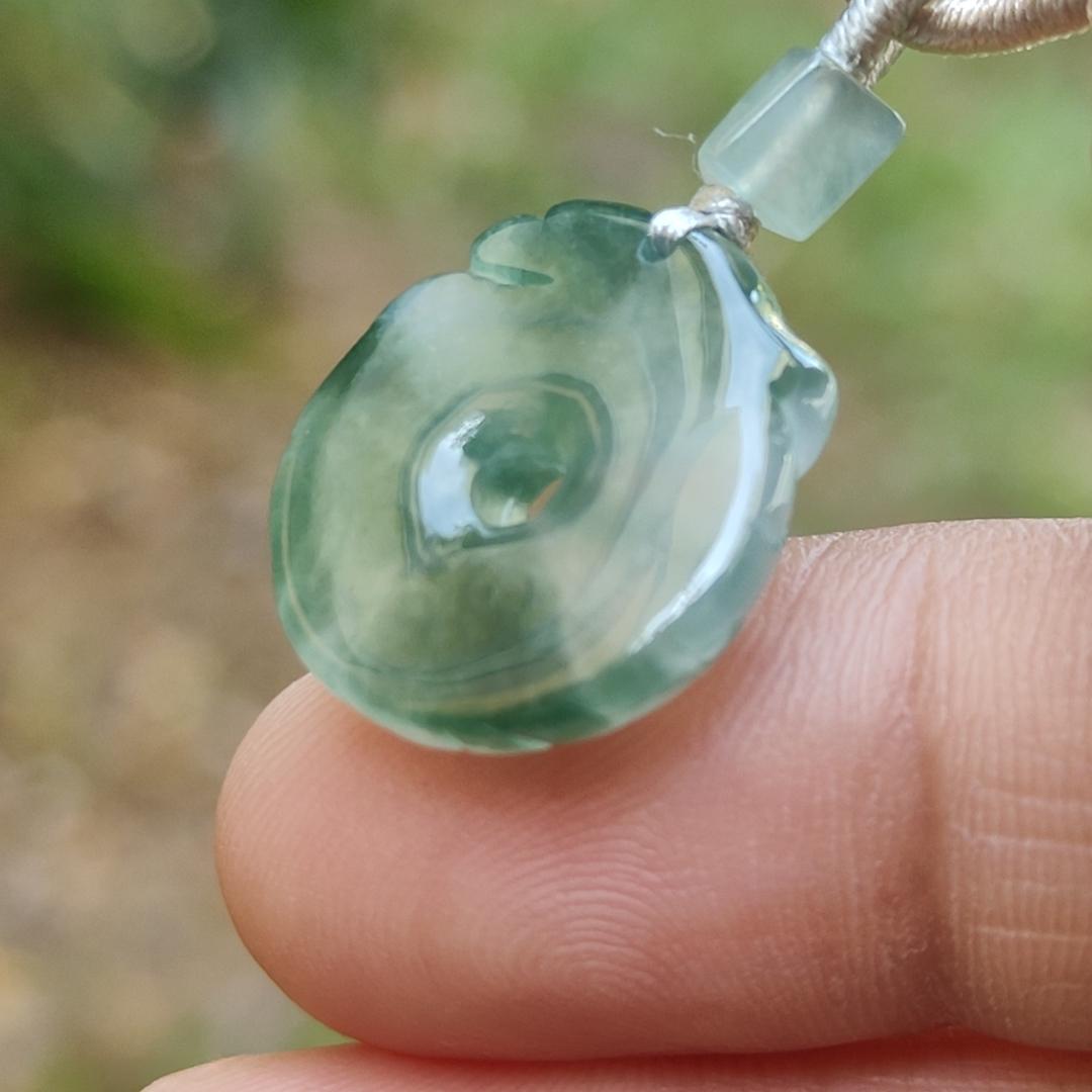 #Sold - High Quality Green with Green Patches Natural Type A Jadeite Jade crafted with shape of Donut with Baby Dragon as Pendant, QIC approved labs certificate weigh 4.11 grams, measurement 17.2 * 16.3 * 5.1 mm (pendant242)