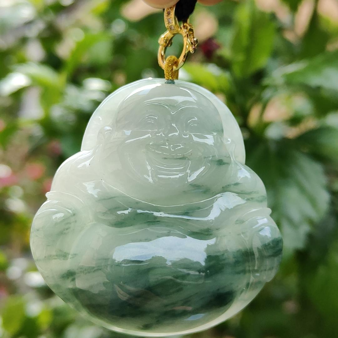 Rare, Hugh, Old Mine Translucent Floating bluish green patches Natural Type A Jadeite Pendant carved as Milo Buddha weight 232.82 grams, 52.83 * 51.18 * 12.18 mm, fine grain crystal aggregate suitable for daily wear with NGI Certificate (pendant143) Yi Pin Qian