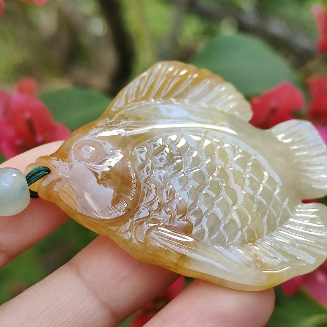 Yellow Natural Type A Jadeite Pendant carved as Fish with certificate weigh 28.33 grams, 55 * 50.2 * 7 mm, meaning Many sons and many blessings, full of children and grandchildren and Life is harmonious and smooth,free from worries and sorrows (pendant77) Yi Pin Qian
