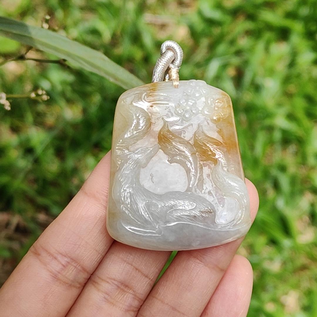 Yellow and White Semi Icy Natural Type A Jadeite Pendant Necklace crafted with nine tail fox symbols of Love, Charisma, and Good Luck, QIC Labs approved certificate included weigh 32.9 grams, 44 * 36 * 9 mm, suitable for daily wear Yi Pin Qian