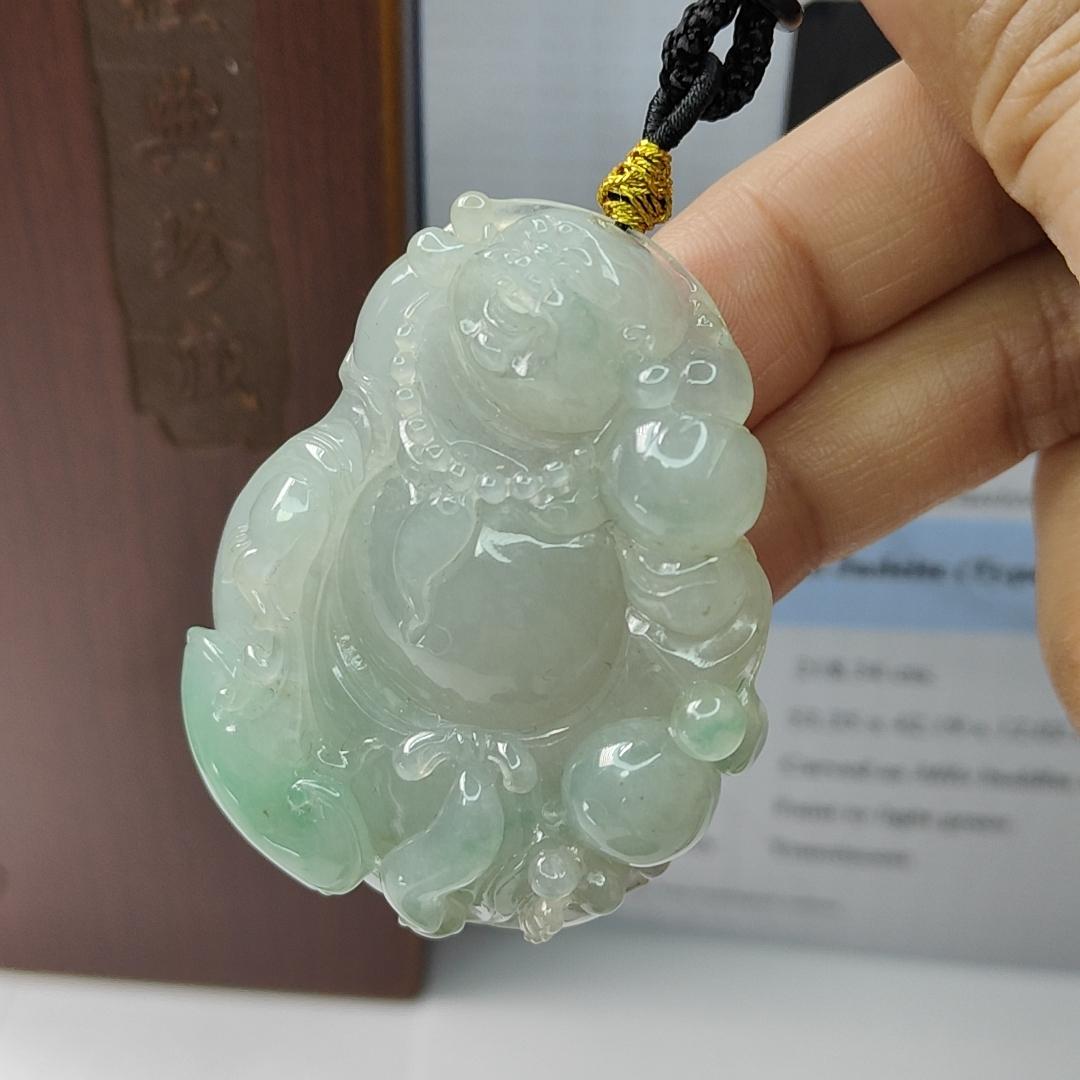 Natural Type A Jadeite Jewellery Pendant carved as Milo Buddha with Ruyi with Gemstone report from NGI weighs at 218.34 grams , 53.35 * 42.19 * 12.02 mm , Translucent with faint to light green with good translucency premium quality pendant (pendant156) Yi Pin Qian