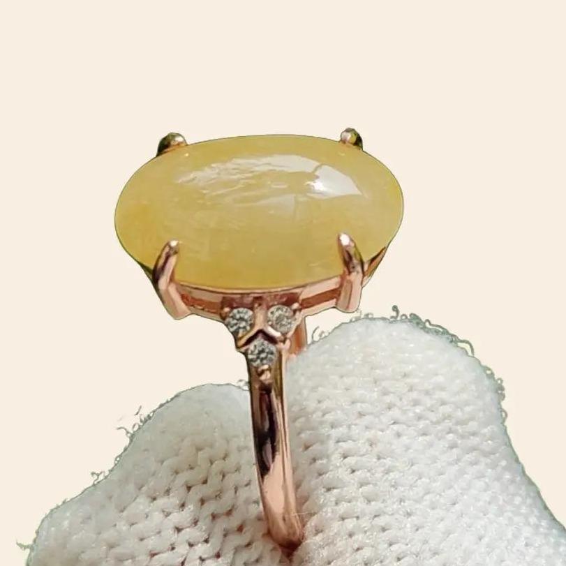 Yellow Cabochon Natural Type A Jadeite-Jade crafted as shape of oval set with size adjustable S925 Ring, certificate weighs 2.53 grams, measurement 13.3 * 9 * 3.2 mm (s925ring19) Yi Pin Qian Jadeites Jade Jewelry ~Your Precious Quintessential ~ Singapore