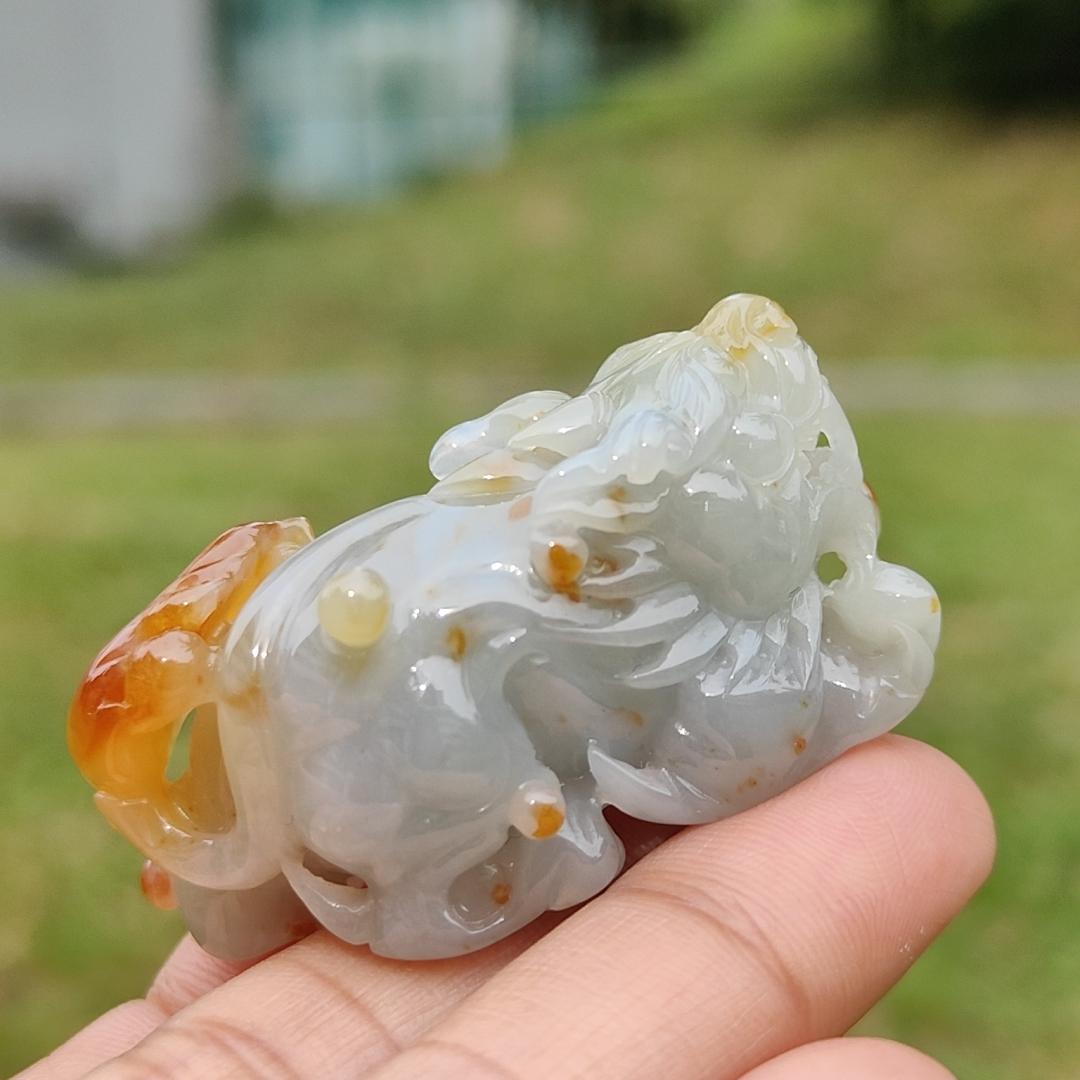 Super Rare Reddish,Yellow abd Tea Green Premium Quality Natural Type A Jadeite Jade crafted with Pixiu as Pendant with certificate weigh 34.14 grams, measurement 45.2 * 19.5 * 22.1 mm (pendant221) Yi Pin Qian