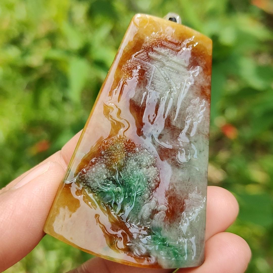 Very Rare Green, Red and Yellow Natural Type A Jadeite Jade Pendant Necklace with Sceneries, certificate included weigh 29.84 grams, measurement 61.6 * 39.7 * 5.8 mm (pendant183) Yi Pin Qian
