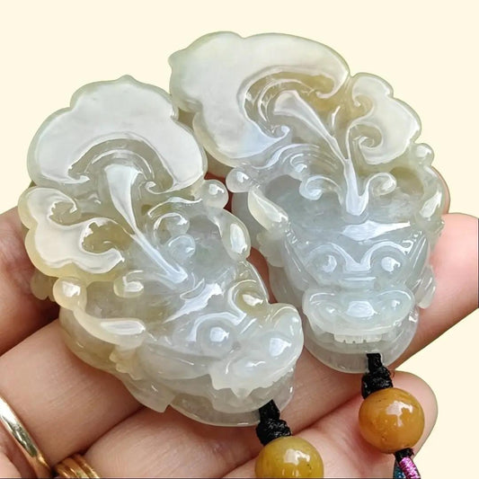 Hight Quality Pair of Yellow with Light Green Hue Natural Type A Jadeite Jade crafted as Pixiu for Pendant, certificate weighs 30.53 grams , 30.35 grams, measurements 50.5 * 26 * 11.5 / 50.5 * 26.2 * 11.5 mm (pendant278) Yi Pin Qian