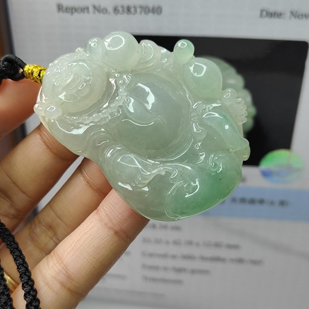 Natural Type A Jadeite Jewellery Pendant carved as Milo Buddha with Ruyi with Gemstone report from NGI weighs at 218.34 grams , 53.35 * 42.19 * 12.02 mm , Translucent with faint to light green with good translucency premium quality pendant (pendant156) Yi Pin Qian