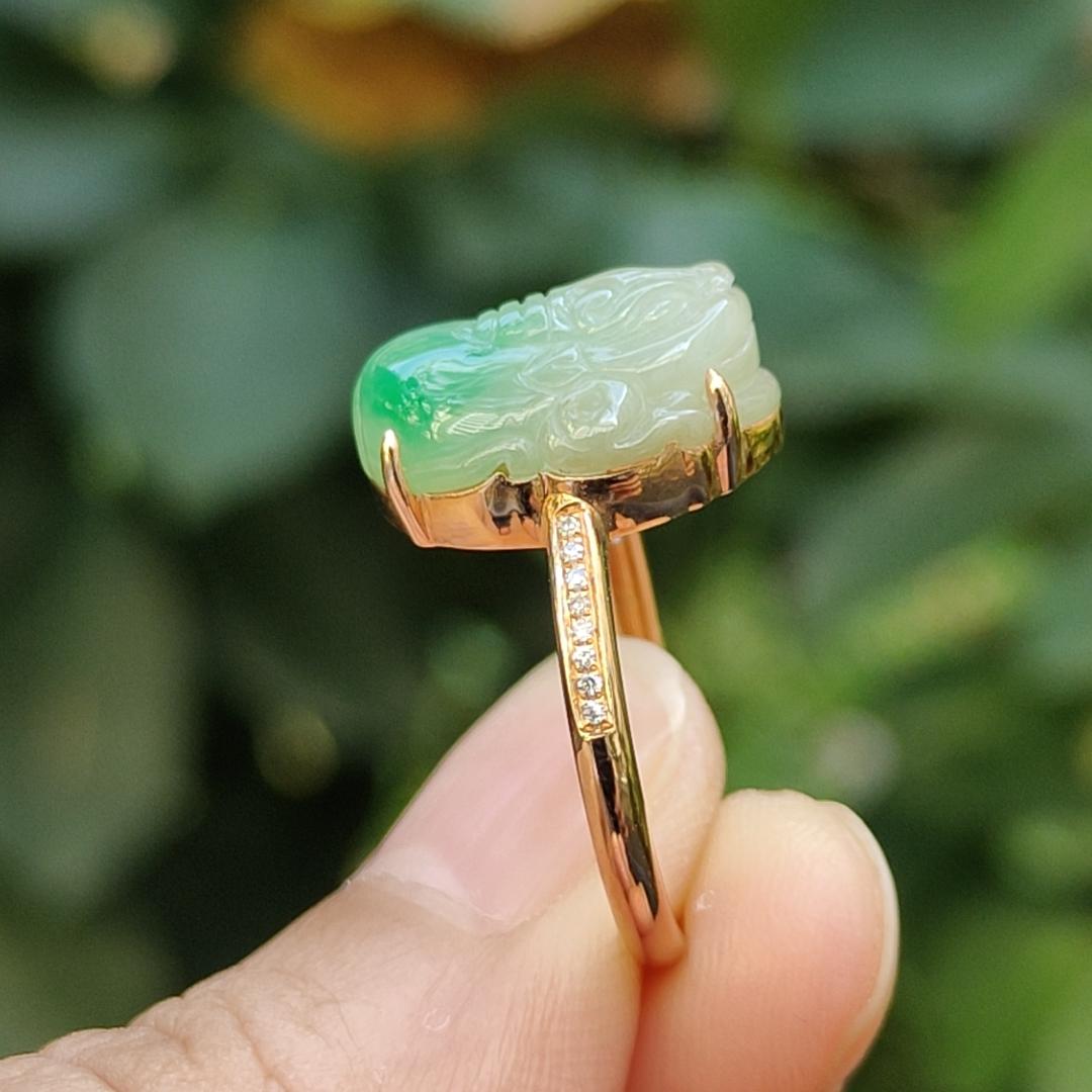 Local SG Seller - Very Beautiful 18k Gold Ring set with High Quality Natural Jadeite Jade crafted as Pixiu certificate weighs 2.82 grams, measurement 14.6 * 9.3 * 6.1 mm (18kring33) Yi Pin Qian Jadeites Jade Jewelry ~Your Precious Quintessential ~ Singapore