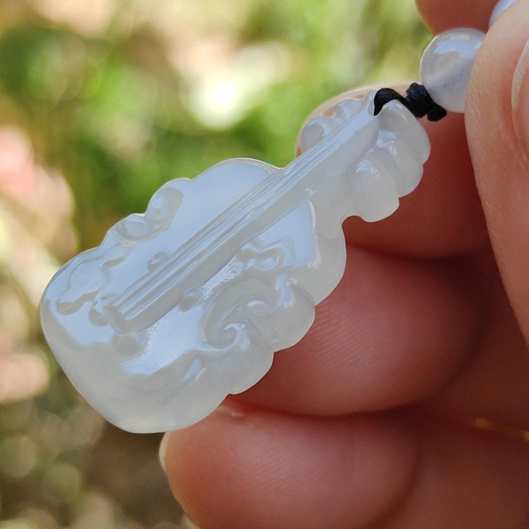 Super Rare Pure White Semi Icy Natural Type A Jadeite Jade crafted as Violin Pendant, certificate weighs 3.92 grams, measurement 27.7 * 15 * 5.3 mm (pendant256) Yi Pin Qian