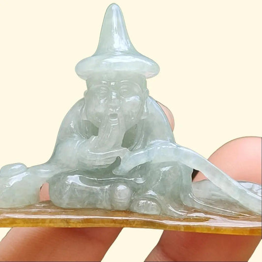 Light Green with Yellow Natural Type A Jadeite Jade crafted with Old Men Fishing as Display, certificate weighs 17.06 grams, measurement 65.2 * 32.8 * 12 (display1) Yi Pin Qian