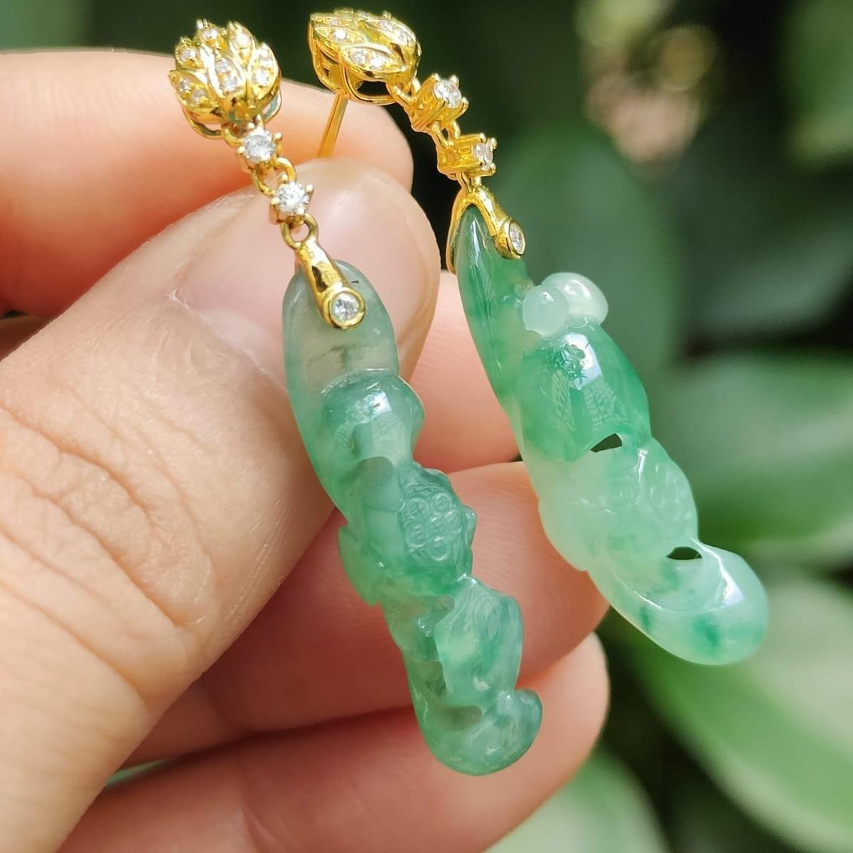 Icy Translucent Lotus Jadeite Stud Earrings – Natural Type A Jadeite, 18K with Diamonds, Symbol of Purity and Elegance (18k08) Yi Pin Qian Jadeites Jade Jewelry ~Your Precious Quintessential ~ Singapore