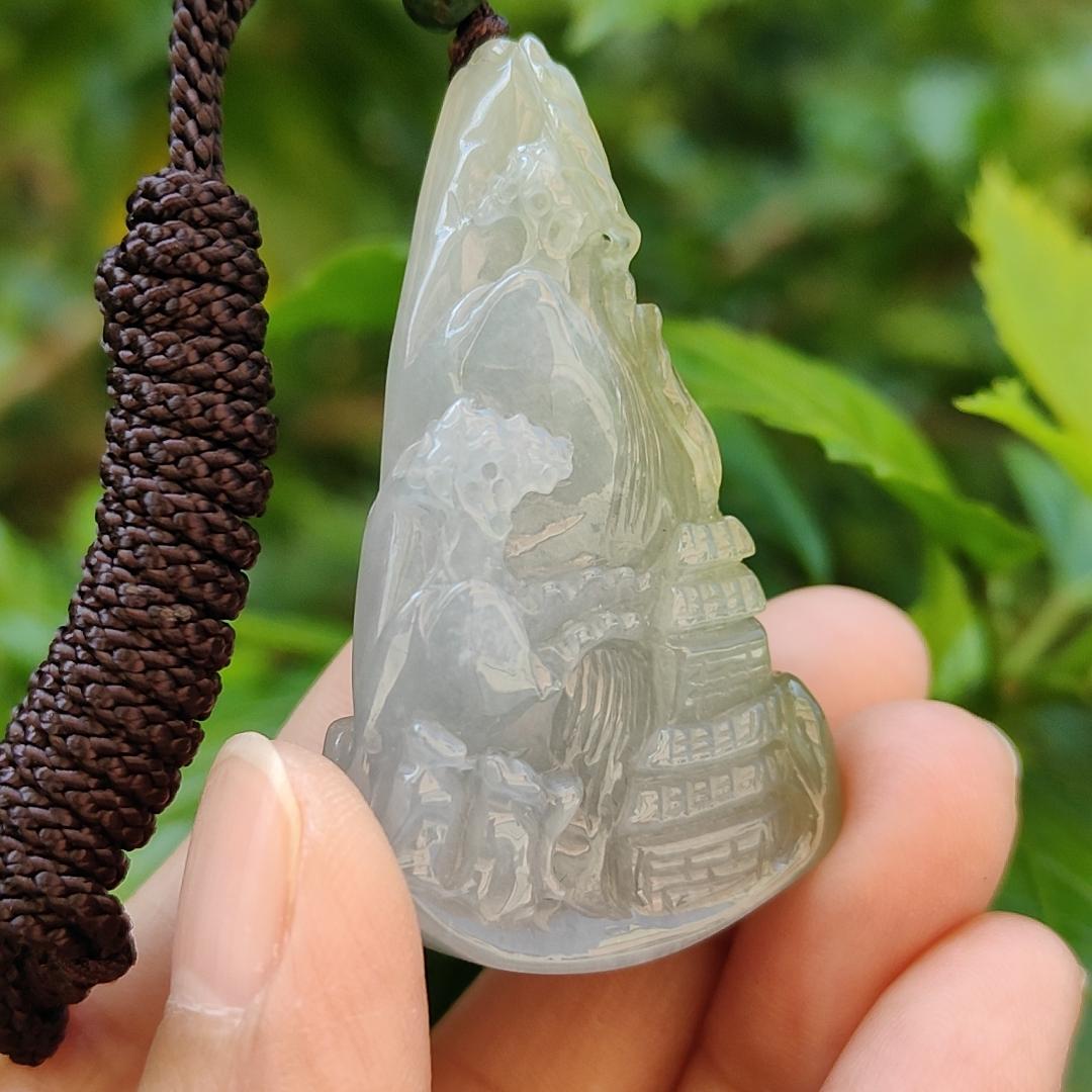 Very Unique and Rare Light Purple with Yellow Natural Type A Jadeite Pendant Crafted with waterfall, moutain, houses and coconut trees, symbols of money, power of life, Extend upwards with certificate weigh 31.55 grams, 49 * 32.3 * 13.5 mm, (pendant70) Yi Pin Qian