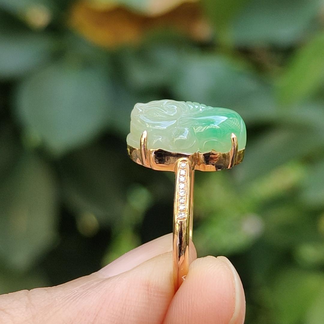 Local SG Seller - Very Beautiful 18k Gold Ring set with High Quality Natural Jadeite Jade crafted as Pixiu certificate weighs 2.82 grams, measurement 14.6 * 9.3 * 6.1 mm (18kring33) Yi Pin Qian Jadeites Jade Jewelry ~Your Precious Quintessential ~ Singapore