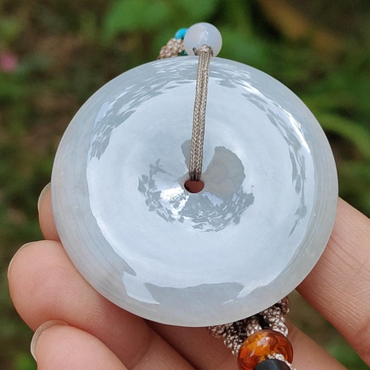 Light Lavender Natural Type A Jadeite Pendant crafted as donut shape with certificate weigh 26.72 grams, 42.8 * 42.8 * 6.3 mm, symbols of the money is rolling in, and the wealth is coming from all directions and suitable for daily wear (pendant68) Yi Pin Qian