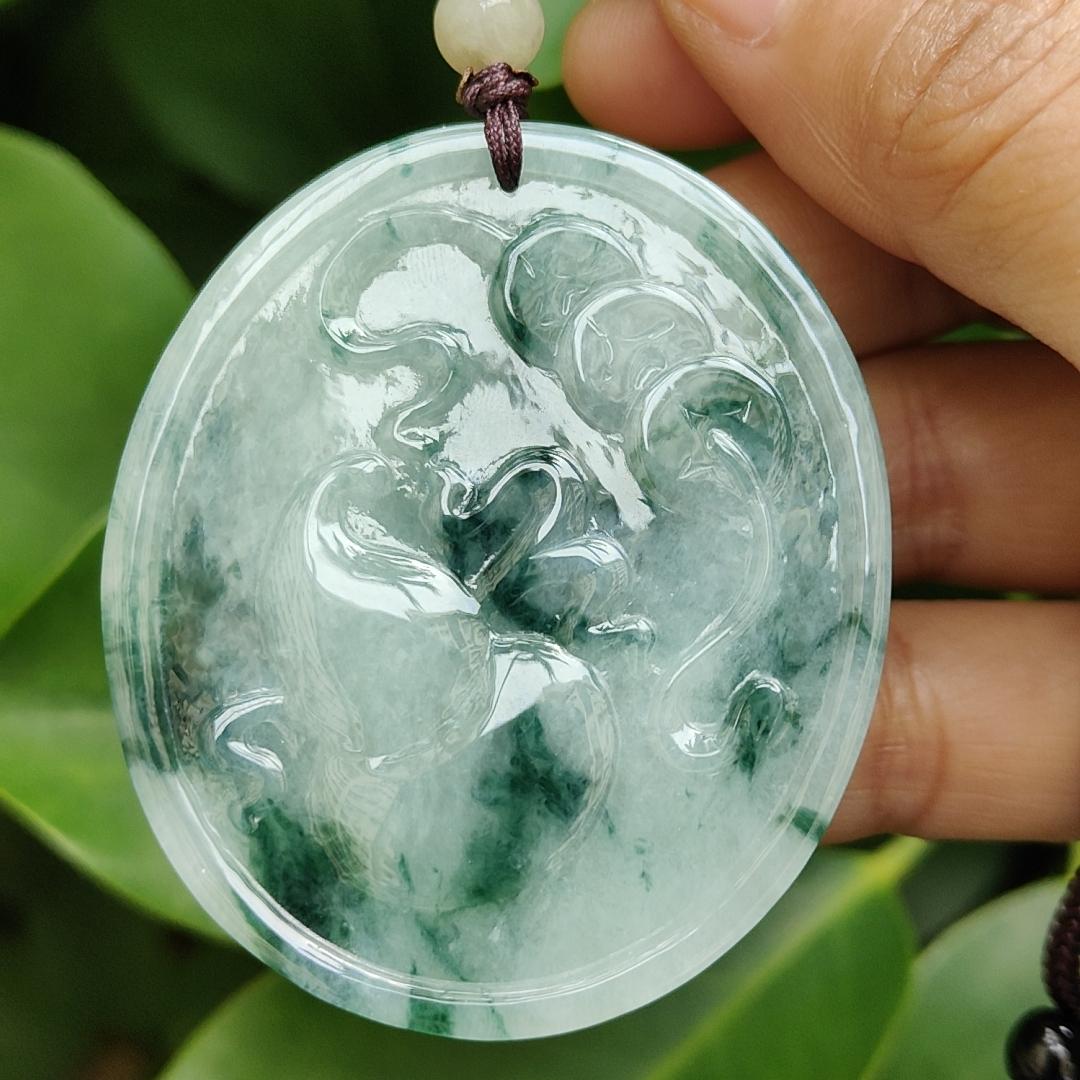 A High-Quality Type-A Natural Jadeite-Jade crafted with Pixiu, Coins, Gourd as Pendant with certificate weighs 36.46 grams, measurement 53.9 * 46.2 * 7.5 mm (pendant300) Yi Pin Qian Jadeites Jade Jewelry ~Your Precious Quintessential ~ Singapore