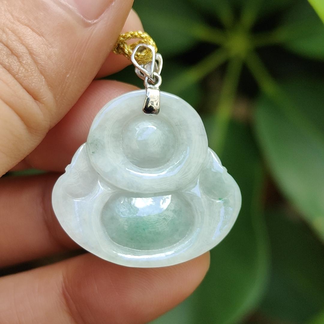 18k Gold Crasp added for Pendant crafted as Milo Buddha with Green Patch Natural Type A Jadeite Jade, certificate weighs 5.01 grams, measurement 24.3 * 25.8 * 5.8 mm (18kp73) Yi Pin Qian Jadeites Jade Jewelry ~Your Precious Quintessential ~ Singapore