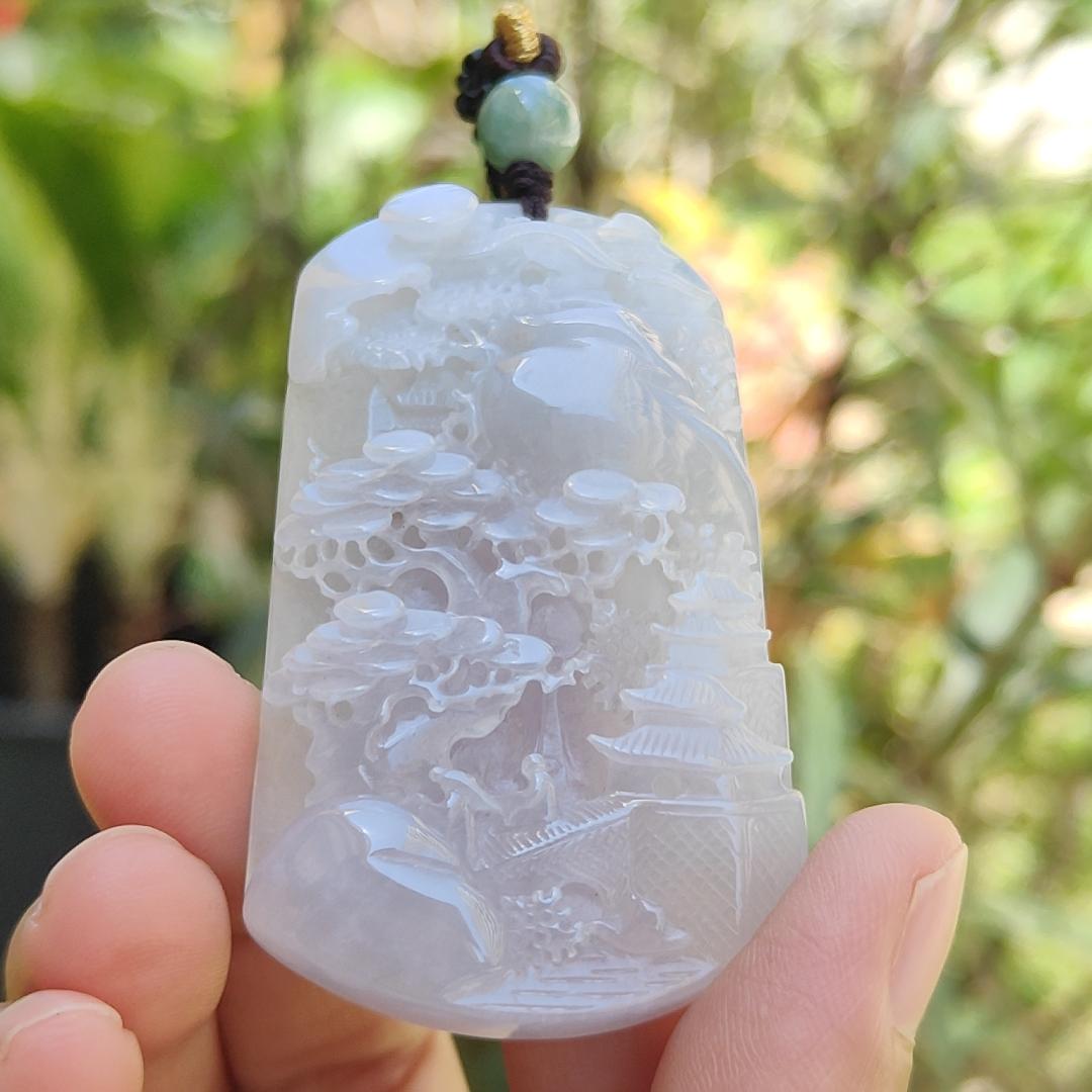Light Lavender with red patches Natural Type A Jadeite Pendant Necklace crafted with fengshui scenery, certificate included weigh 44.44 grams, 60.8 * 36 * 9.8 mm (pendant104) Yi Pin Qian