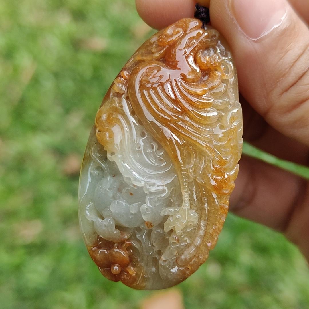 Rare Light Green with Red Natural Type A Jadeite Jade crafted as Phoenix to use as Pendant, certificate weighs 27.45 grams, measurement 52.3 * 28.5 * 12.5 mm (pendant279) Yi Pin Qian