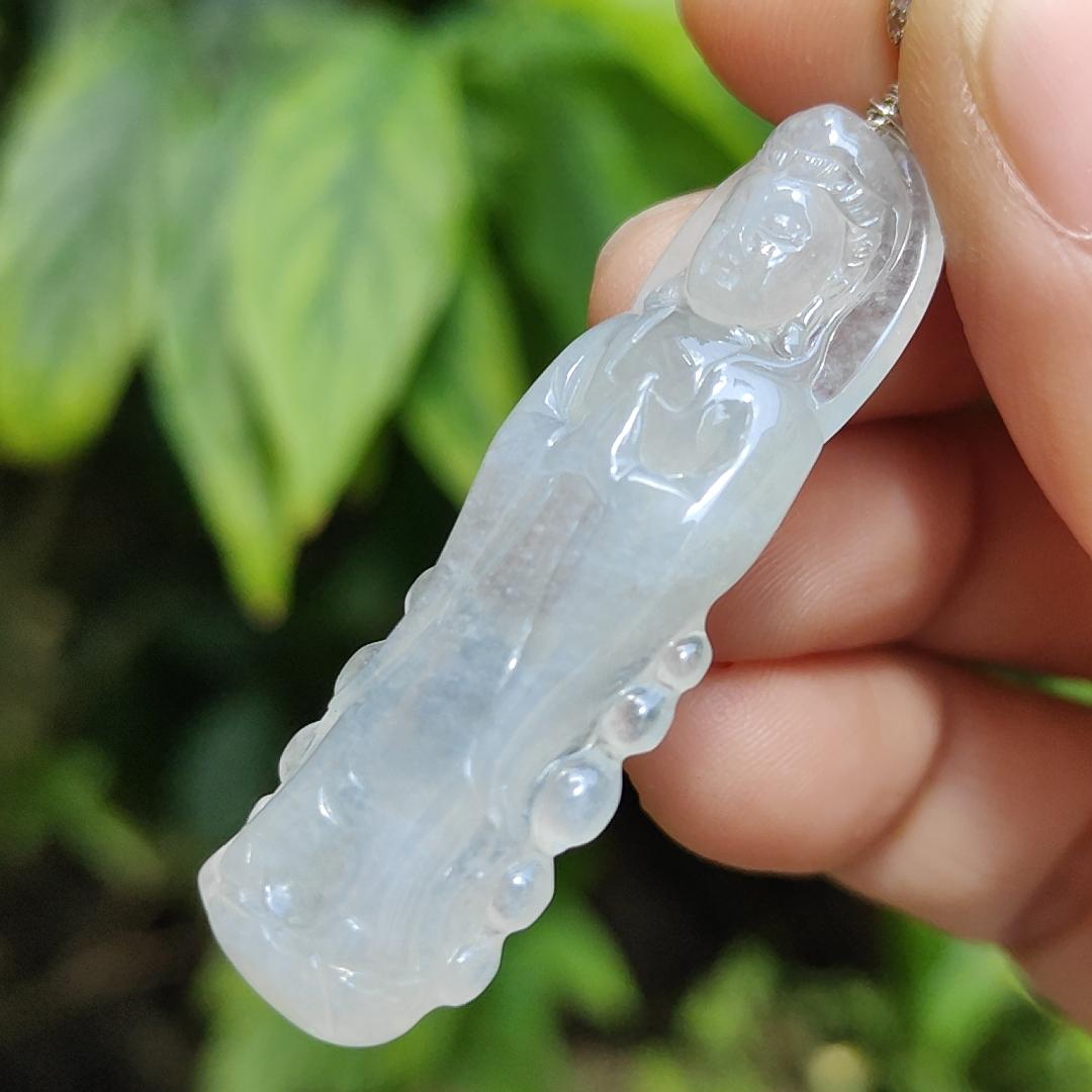 High Quality Icy Translucent Natural Type A Jadeite Jade crafted as Standing Guanyin, S925 clasp added as Pendant, certificate weighs 7.79 grams, measurement 45.7 * 14.8 * 6.3 mm (pendant269) Yi Pin Qian