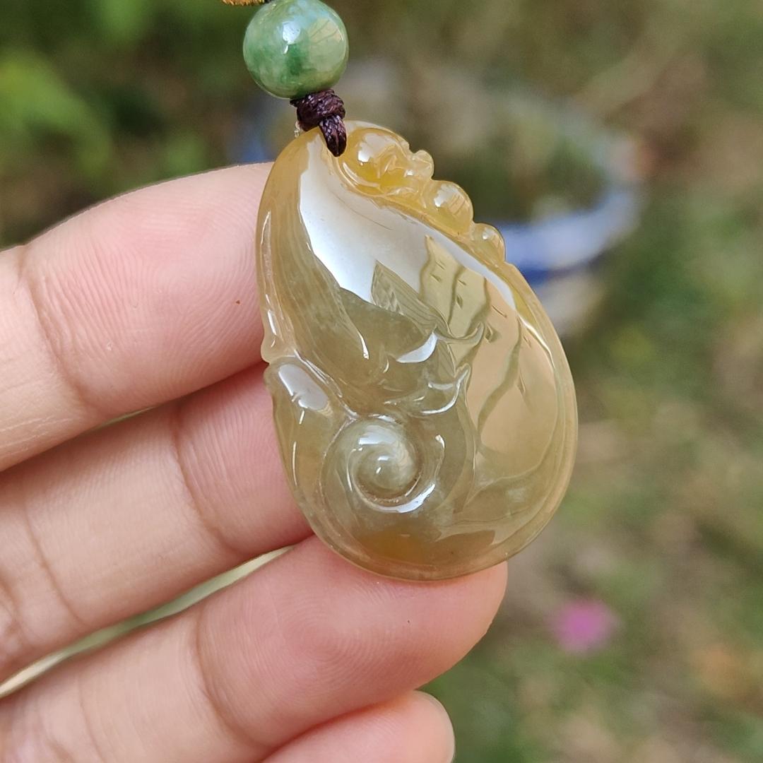 Rare Yellow Natural Type A Jadeite Jade crafted with Dragon Playing with Pearls as Pendant, certificate weigh 6.33 grams, measurement 32 * 21 * 6.5 mm (pendant217) Yi Pin Qian