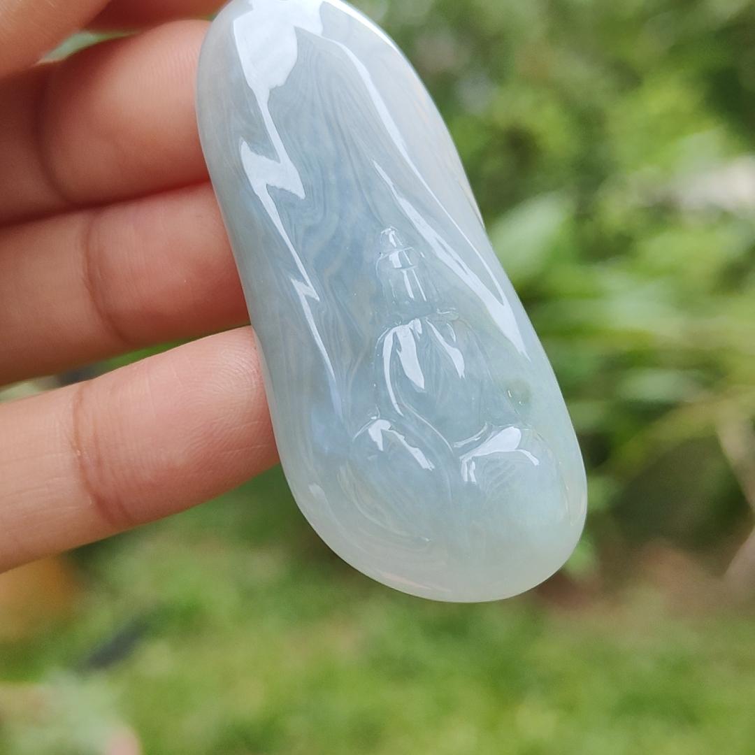 Sky Blue Natural Type A Jadeite pendant with certificate faceless buddha weight 22.44 grams, 50.60 * 23.60 * 9.30 mm suitable for daily wear (pendant123) Yi Pin Qian
