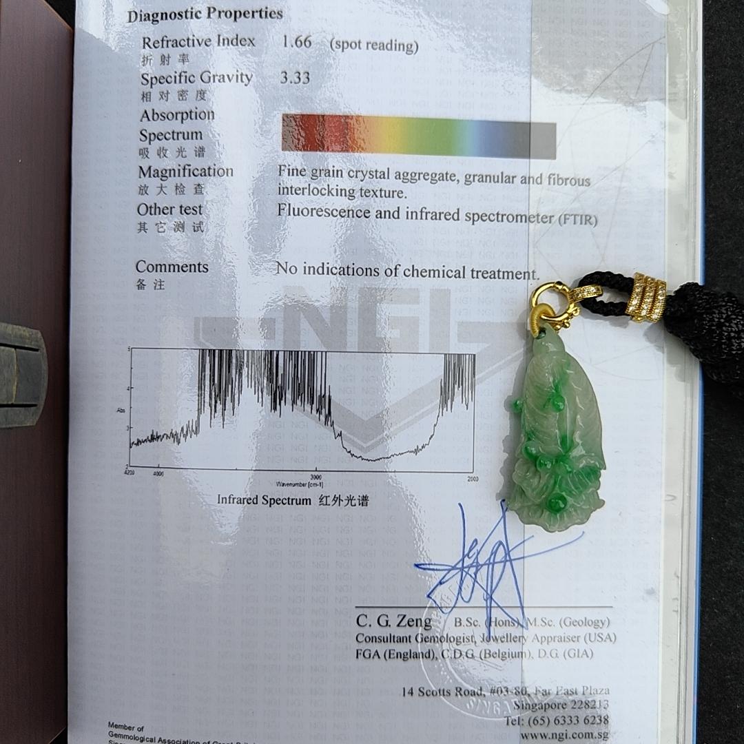Rare Translucent Near White with Green Patches Natural Type A Jadeite pendant with NGI Gemstone report weight 72.19 grams, 44.87 * 20.83 * 14.52 mm carved as cabbage, with Gravity at 3.33 fine grain crystal aggregate suitable for daily wear (pendant127) Yi Pin Qian
