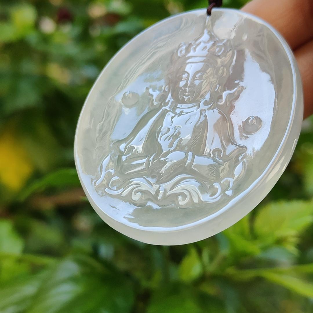 Very Rare High Translucent Icy Natural Type A Jadeite Pendant carved with Guanyin symbolizes compassion, mercy, healing, protection, purity, enlightenment, harmony, balance, and the feminine divine certificate weigh 19.62 g, 52.8 * 46.6 * 5 mm (pendant78) Yi Pin Qian